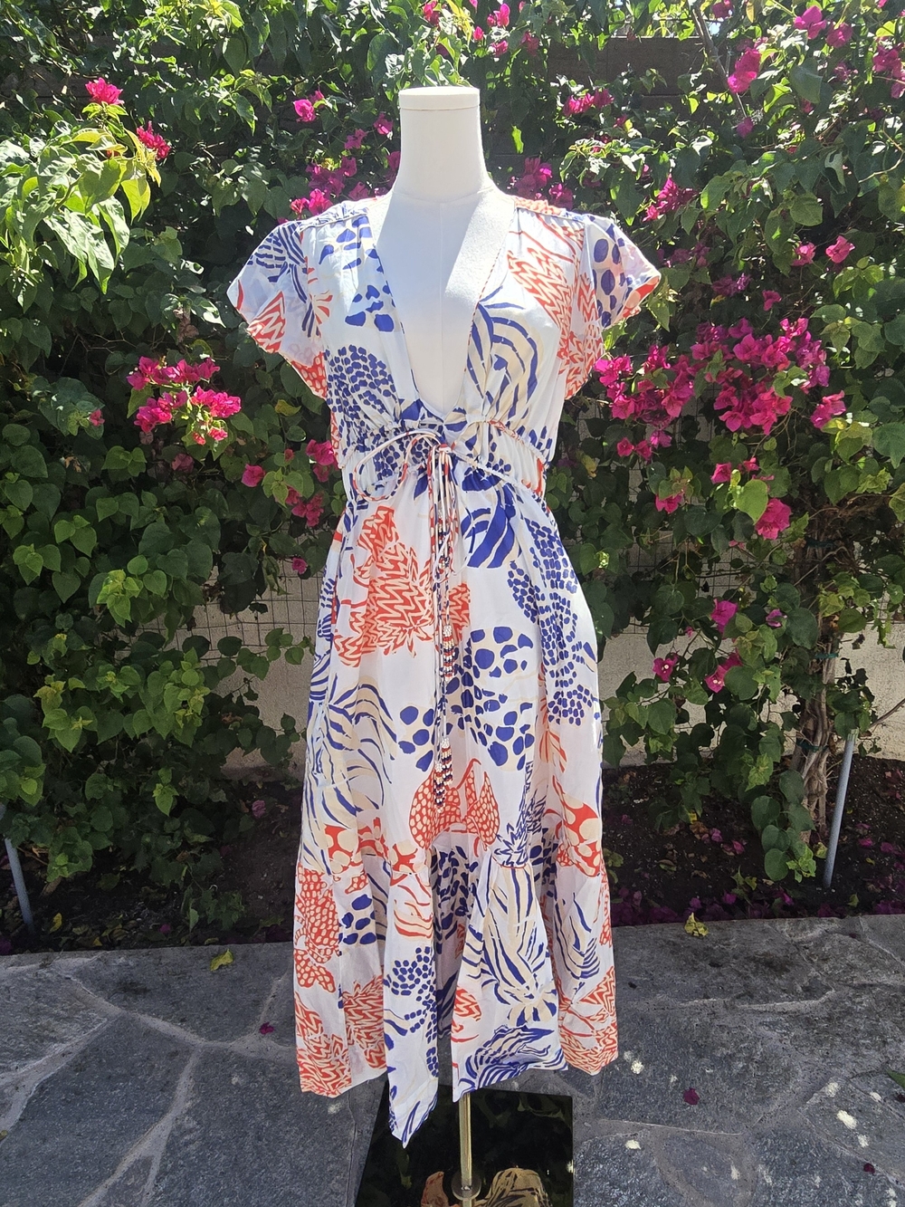 Farm Rio White Floral Print V-Neck Midi Dress NWT